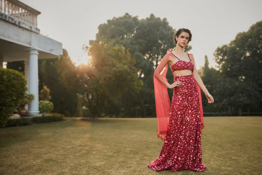 The Burgundy Lehenga - Crystal Embellished Lehenga by Surabhi Gandhi